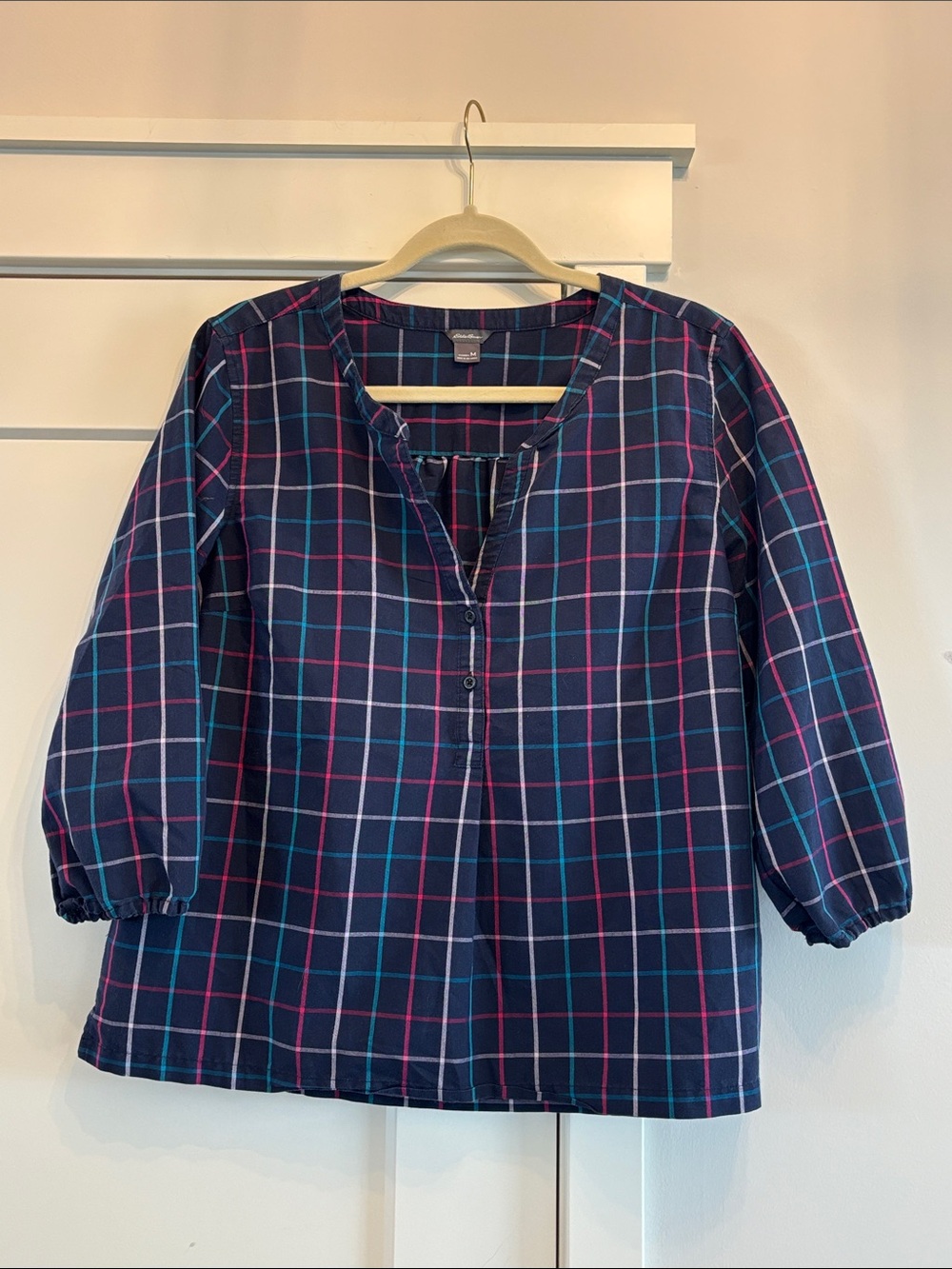 Eddie Bauer Navy Plaid Button-Front Women's Top with Pink & Teal Lines